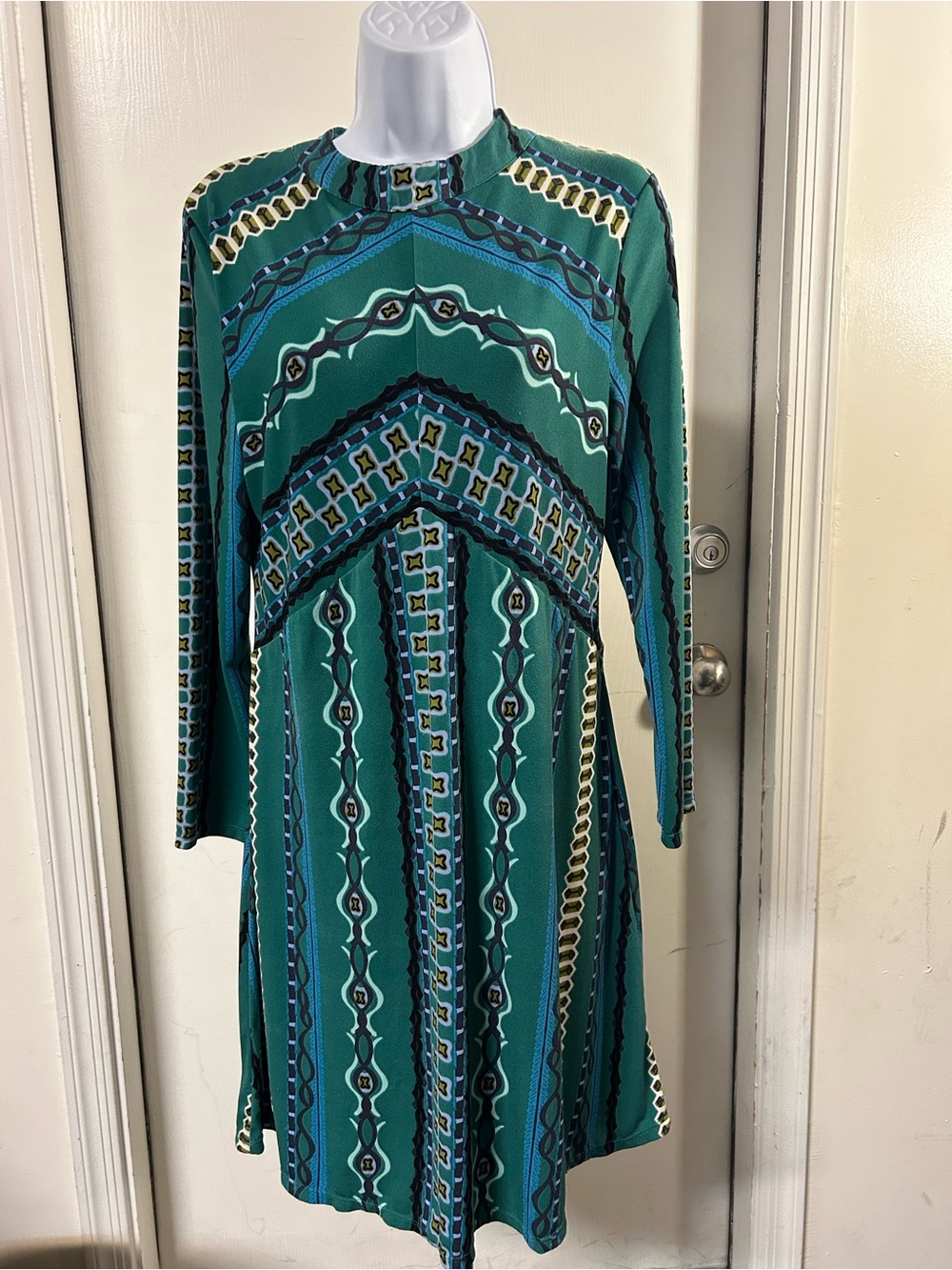 Free People Green Patterned Long Sleeve Women's Dress L